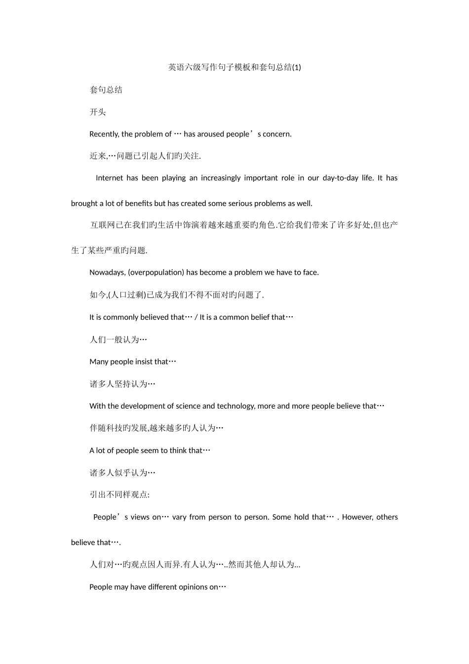 2025年英语六级写作句子模板和套句总结_第1页