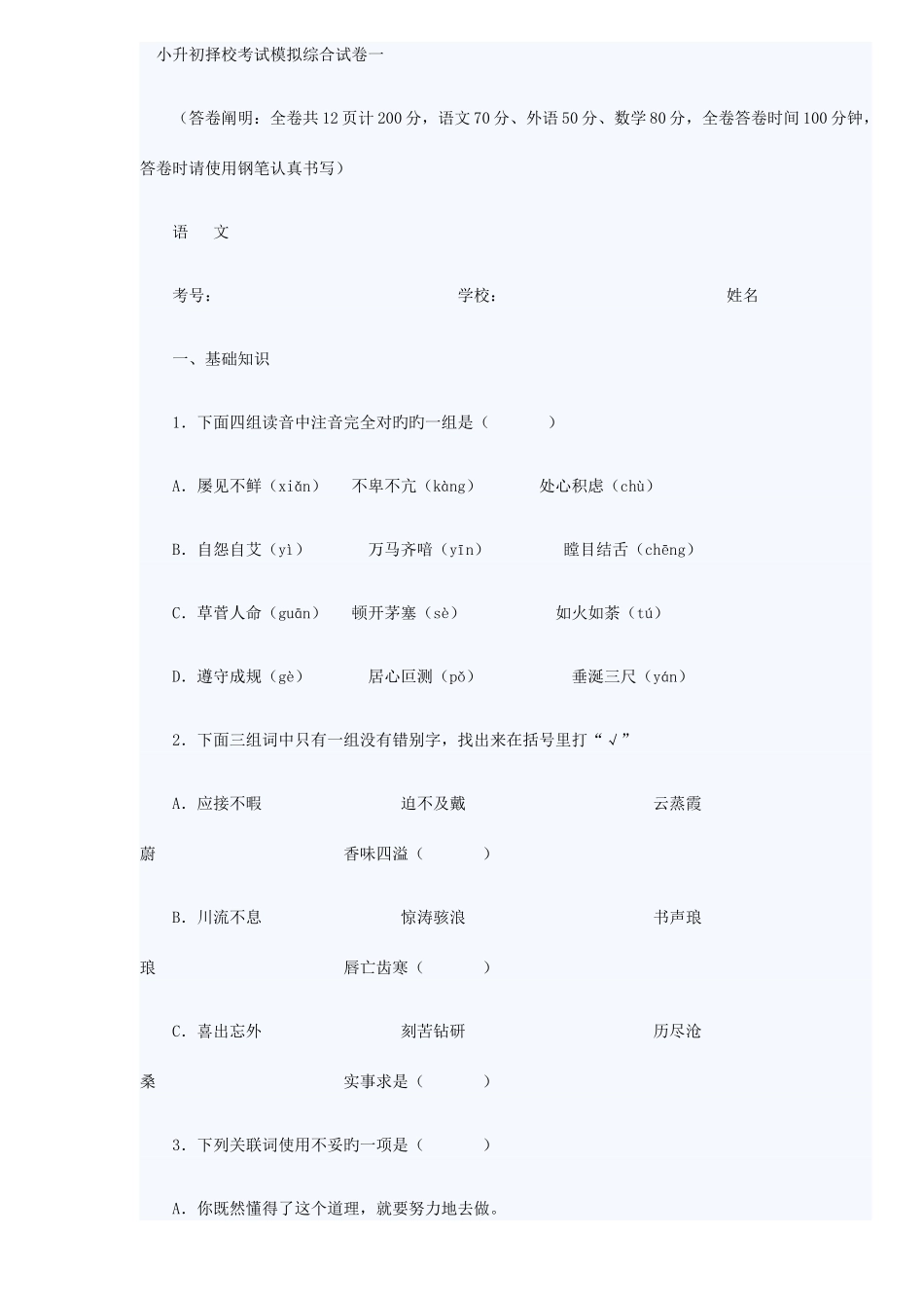 2025年小升初择校考试模拟综合试卷一_第1页