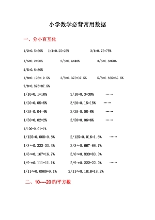 2025年小学数学必背常用数据