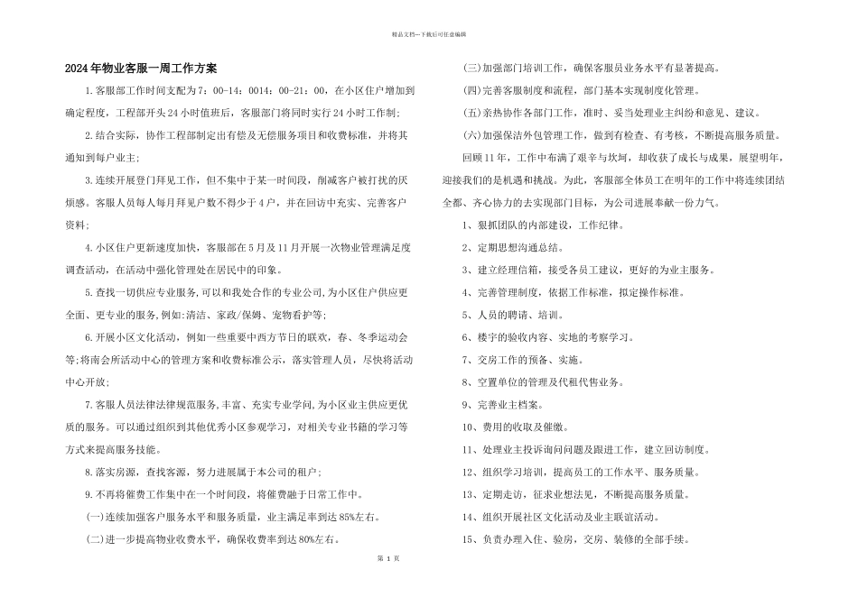 2024年物业客服一周工作计划_第1页