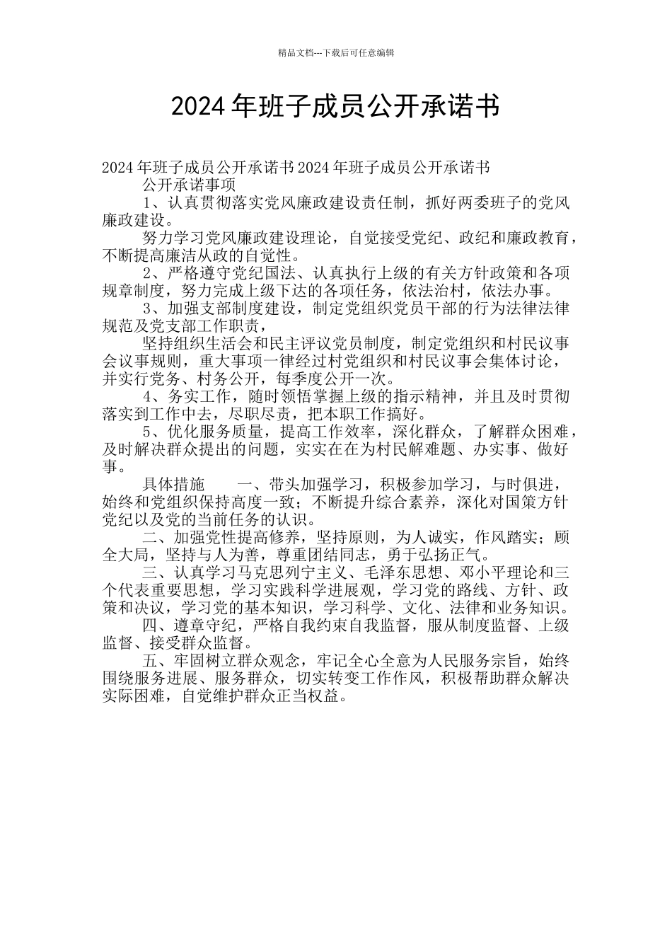 2024年班子成员公开承诺书_第1页