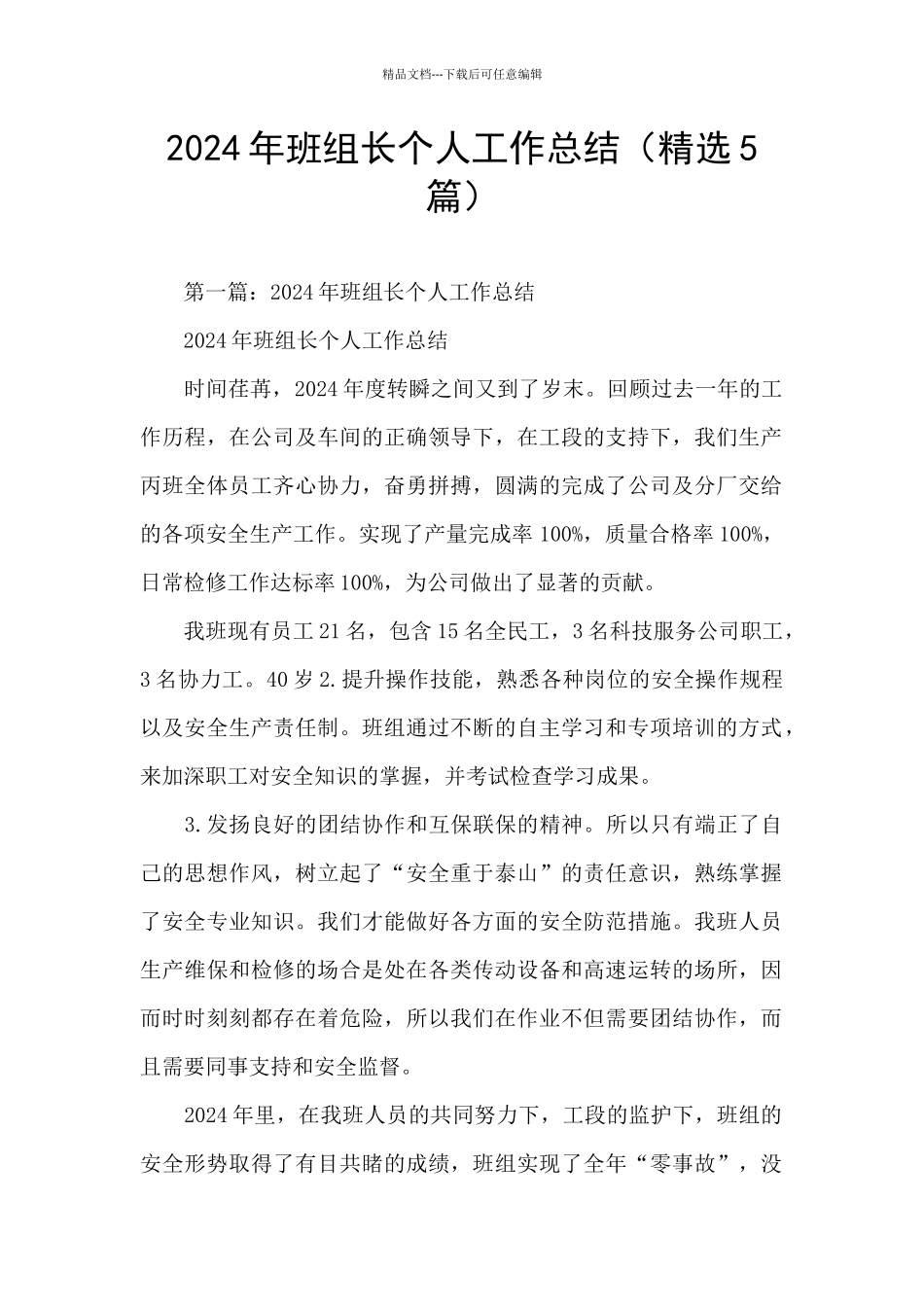 2024年班组长个人工作总结_第1页