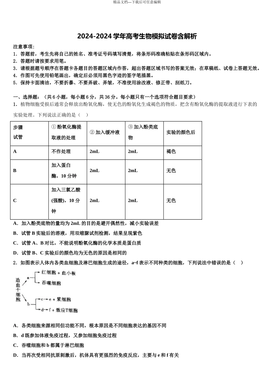 2024年甘肃省临夏回族自治州临夏中学高三第二次诊断性检测生物试卷含解析_第1页