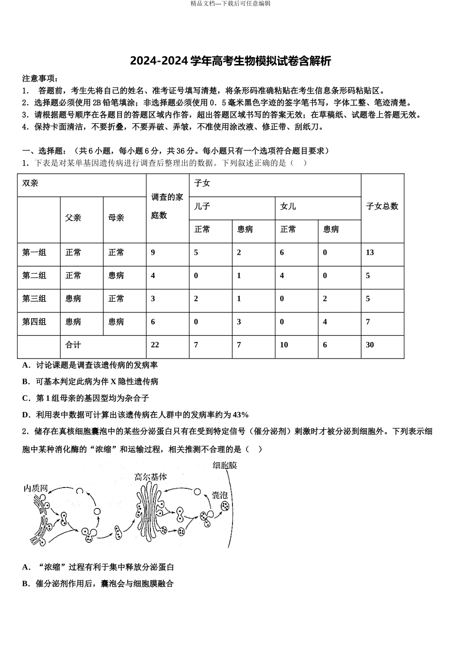 2024年甘肃省康县第一中学高考生物全真模拟密押卷含解析_第1页