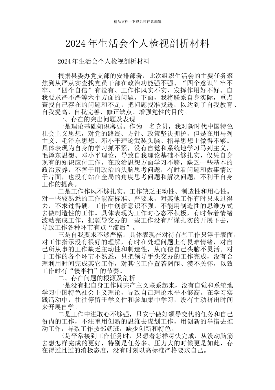 2024年生活会个人检视剖析材料_第1页