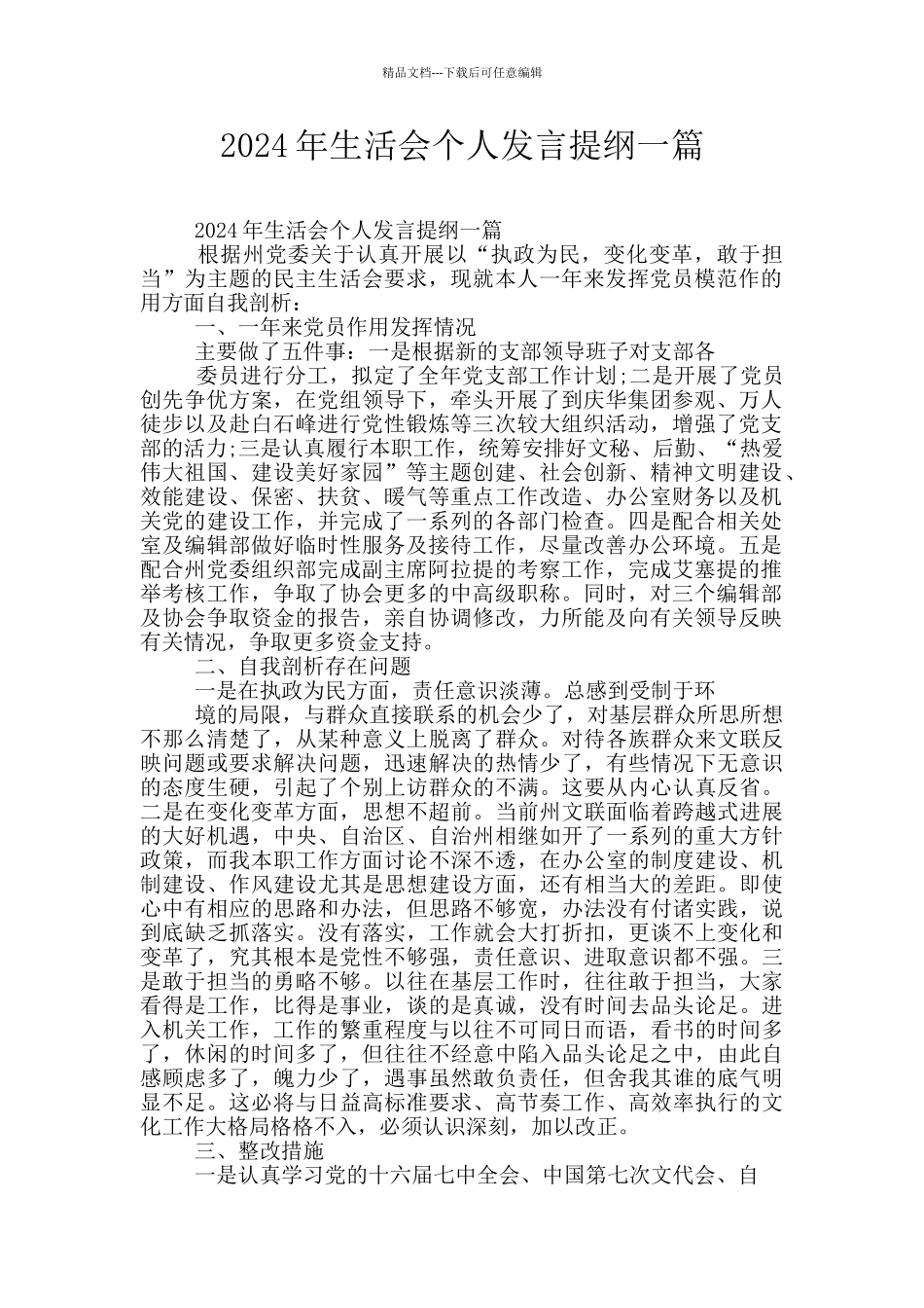 2024年生活会个人发言提纲一篇_第1页