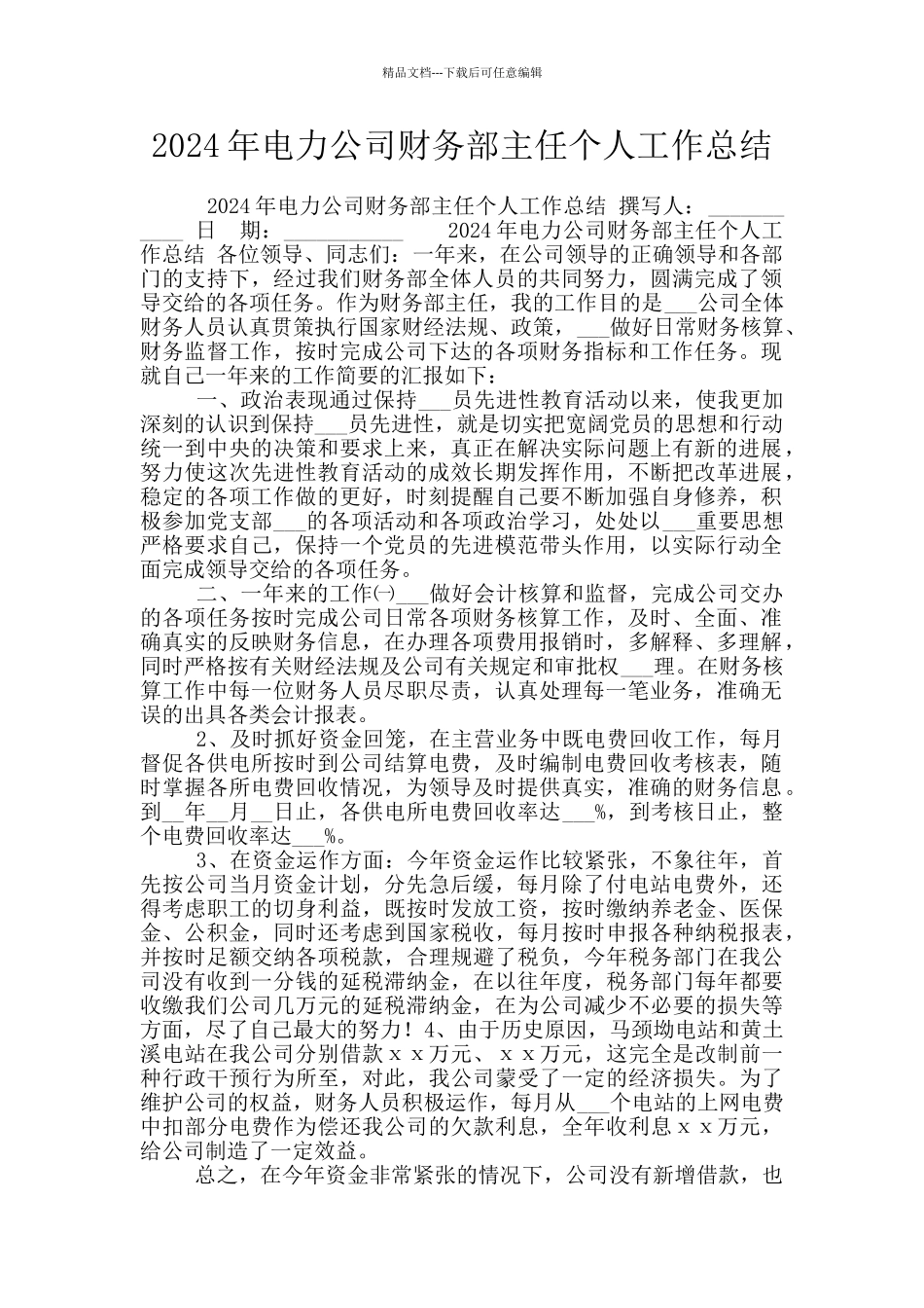 2024年电力公司财务部主任个人工作总结_第1页