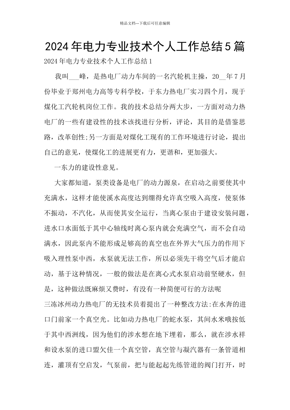 2024年电力专业技术个人工作总结5篇_第1页