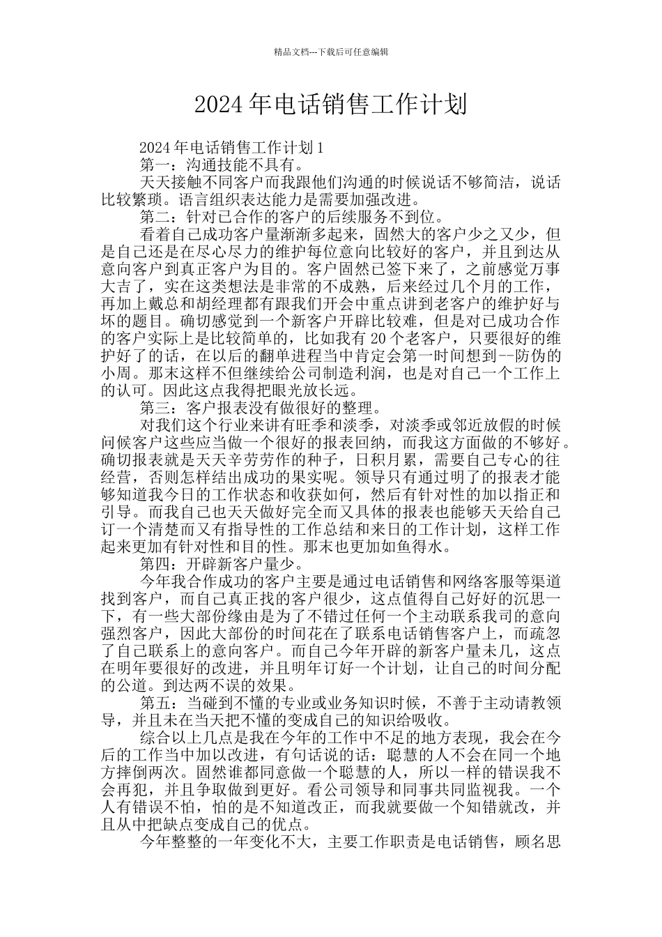 2024年电话销售工作计划_第1页