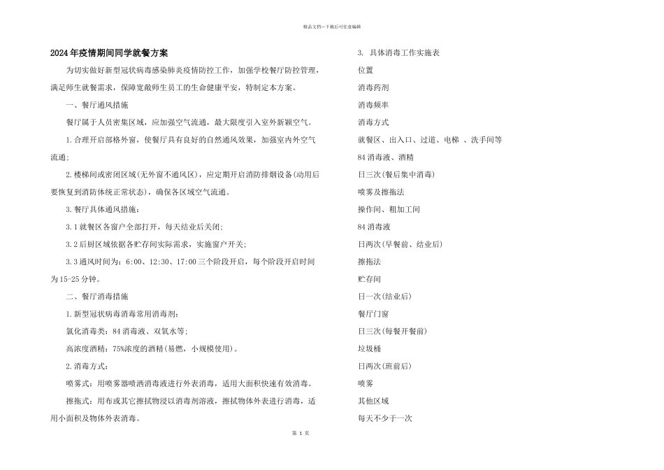 2024年疫情期间学生就餐方案_第1页