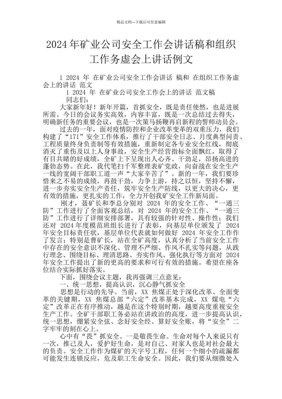 2024年矿业公司安全工作会讲话稿和组织工作务虚会上讲话例文_第1页