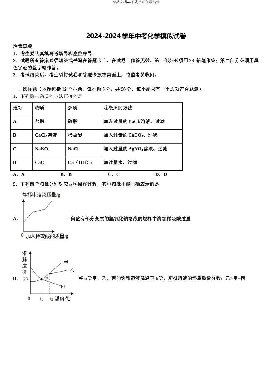 2024年福建省福州市教育院第二附属中学中考冲刺卷化学试题含解析_第1页
