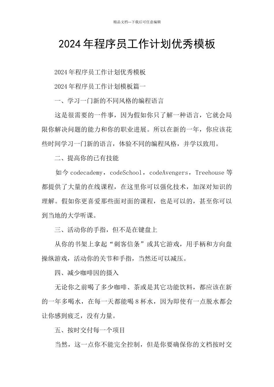 2024年程序员工作计划优秀模板_第1页