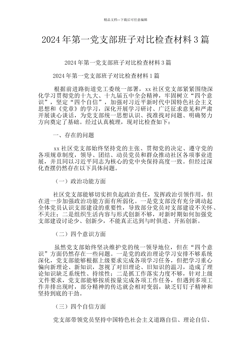 2024年第一党支部班子对照检查材料3篇_第1页