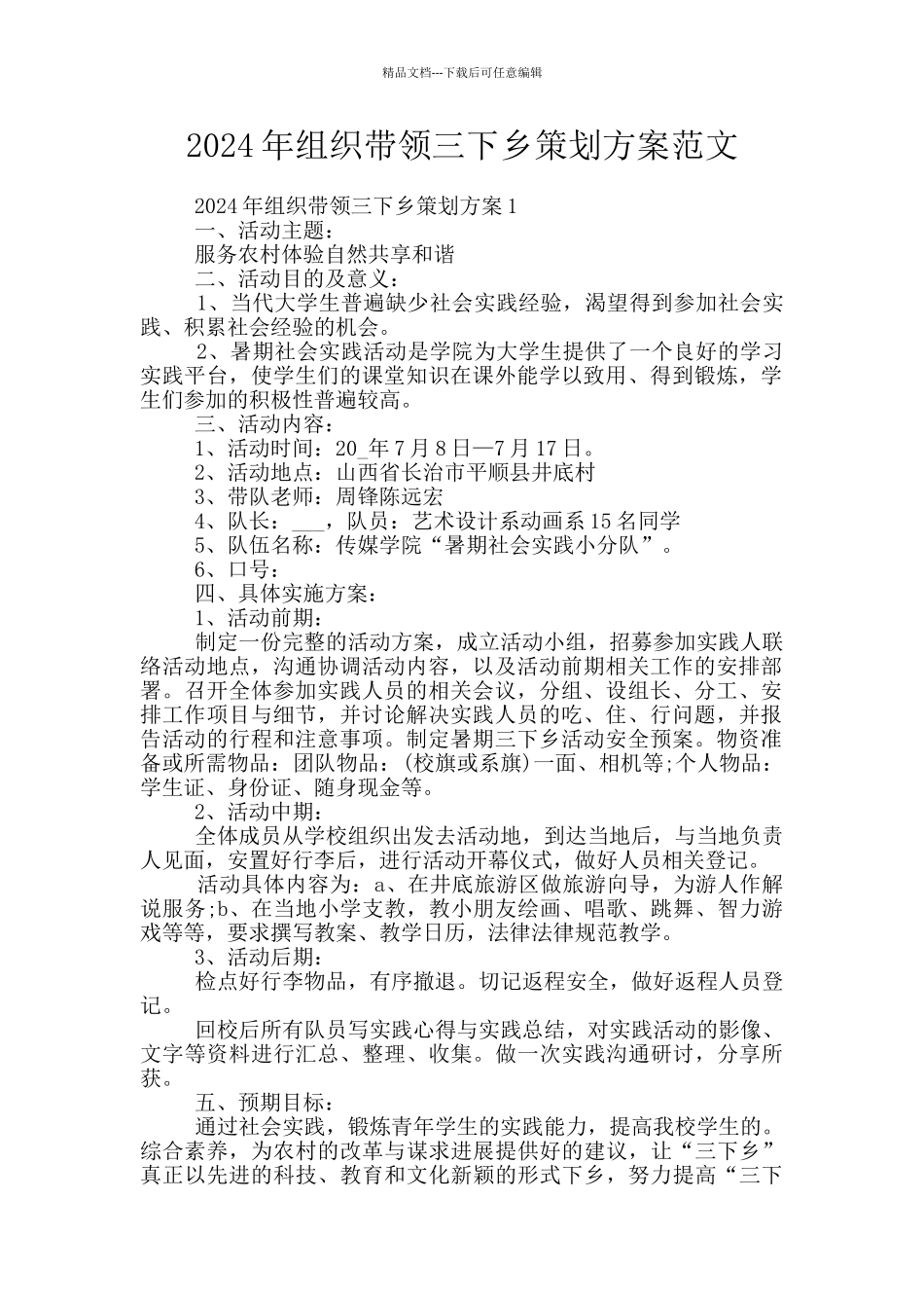 2024年组织带领三下乡策划方案范文_第1页