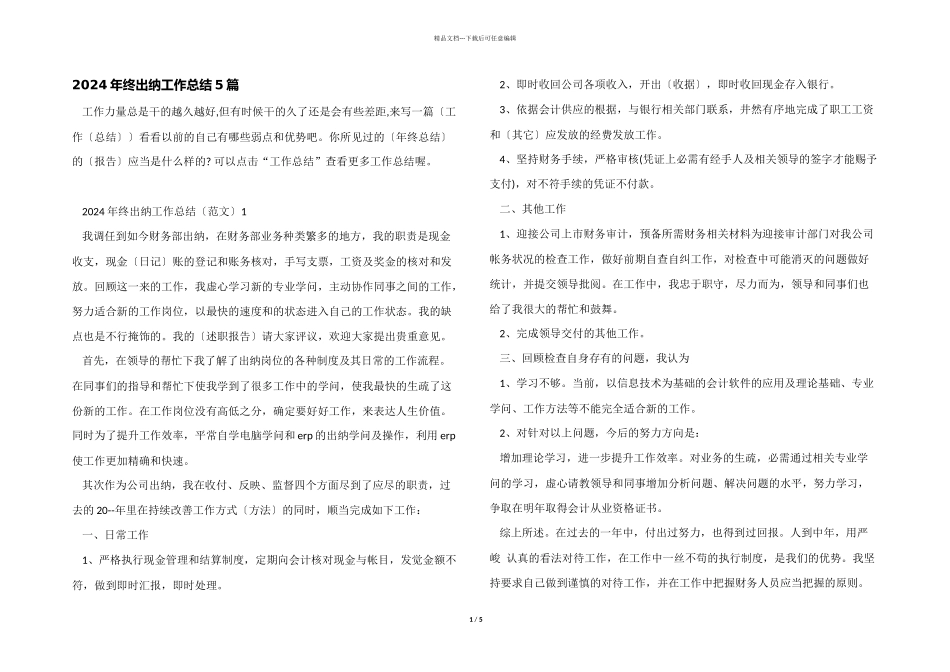 2024年终出纳工作总结5篇_第1页