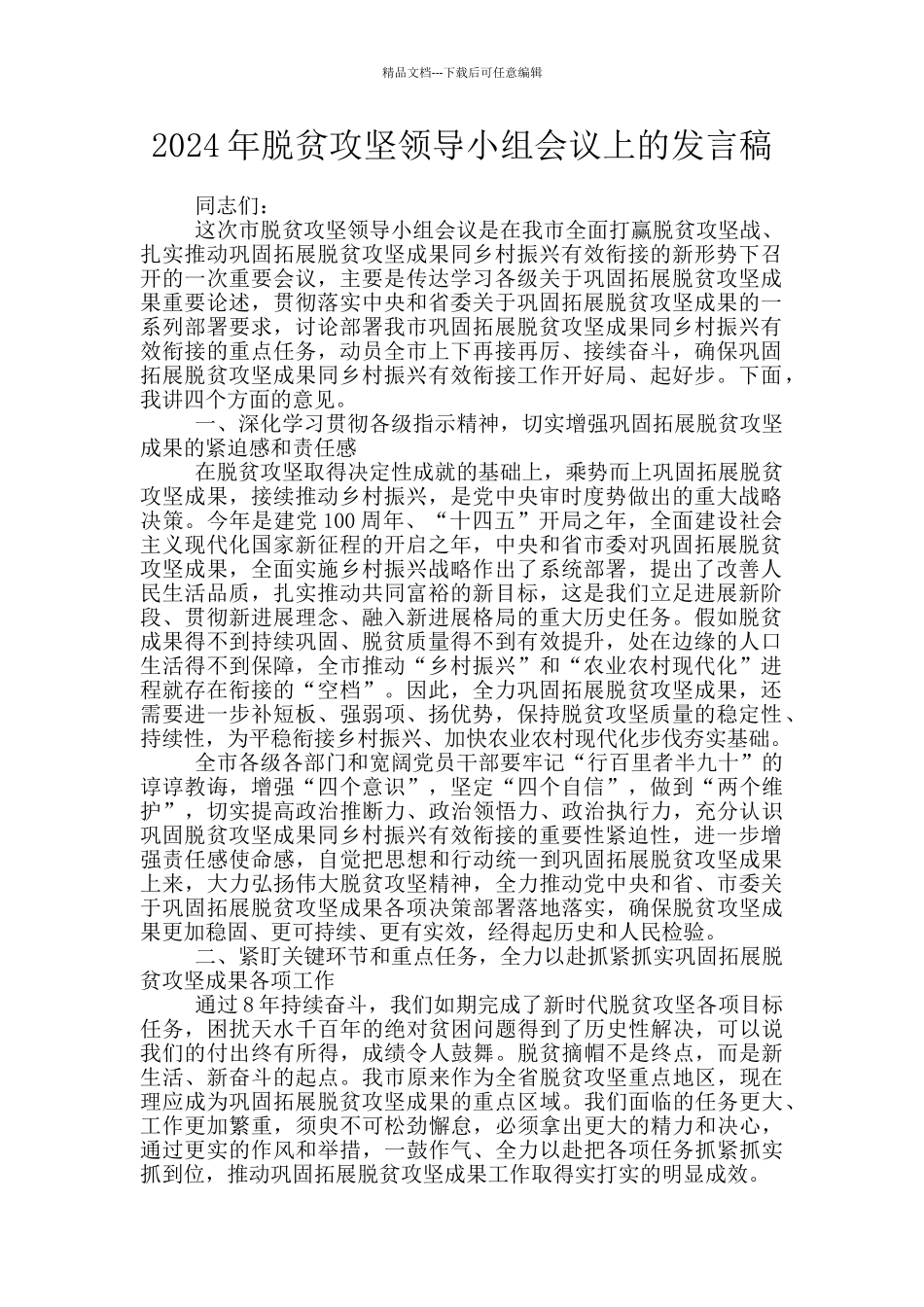 2024年脱贫攻坚领导小组会议上的发言稿_第1页