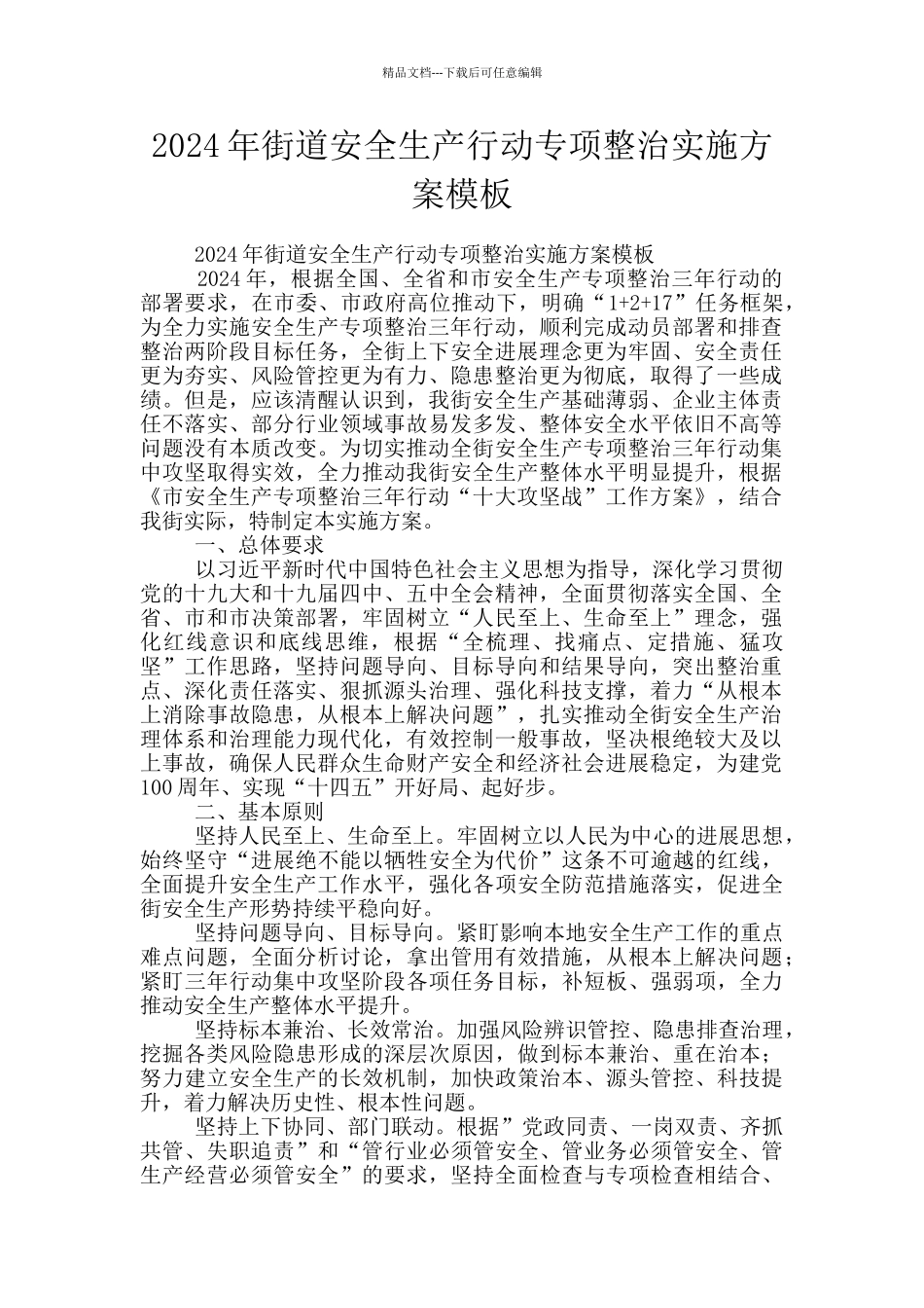 2024年街道安全生产行动专项整治实施方案模板_第1页