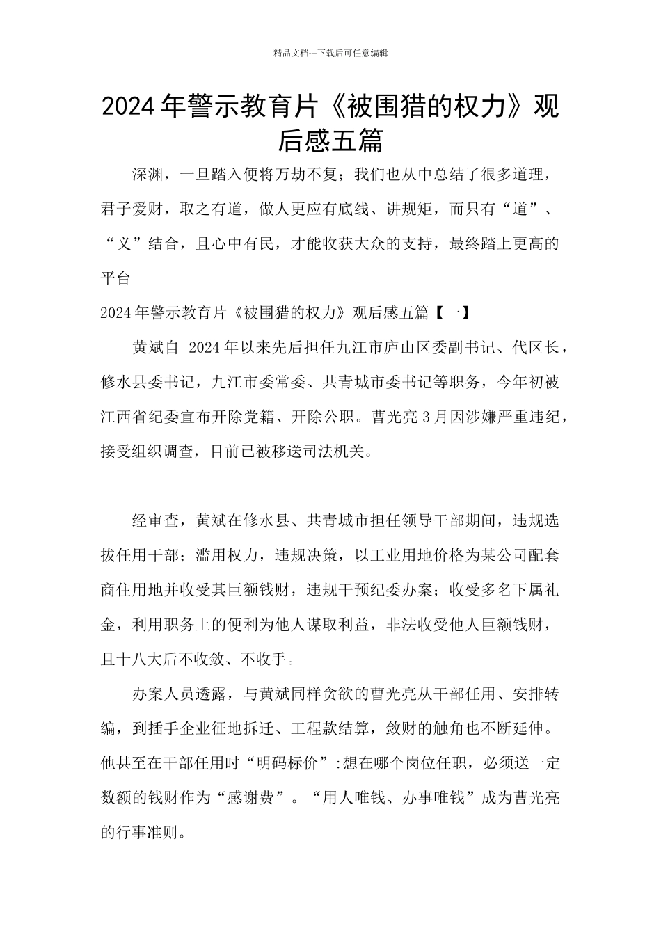 2024年警示教育片《被围猎的权力》观后感五篇_第1页