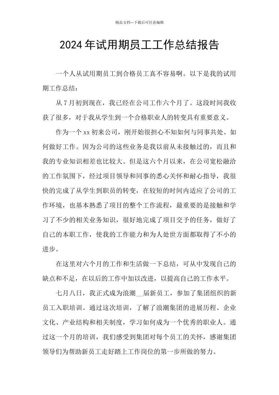 2024年试用期员工工作总结报告_第1页