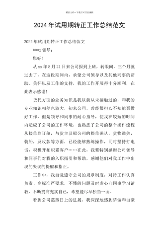 2024年试用期转正工作总结范文