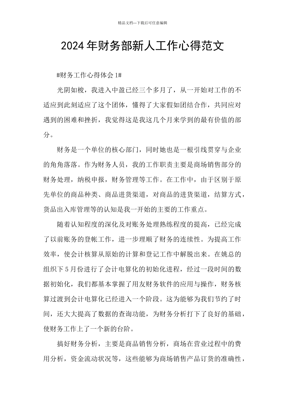 2024年财务部新人工作心得范文_第1页