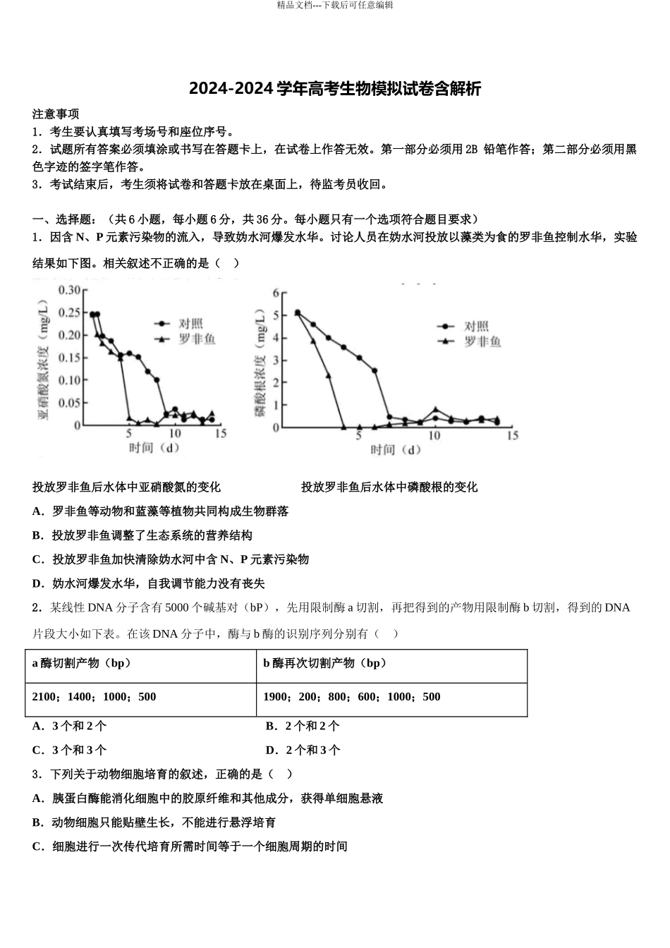 2024年辽宁沈阳市东北育才学校科学高中部高考临考冲刺生物试卷含解析_第1页