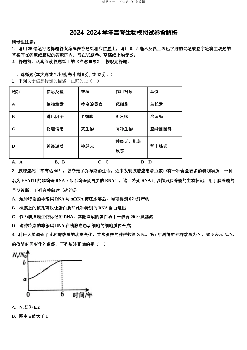 2024年辽宁省大连市旅顺口区第三高级中学高三最后一模生物试题含解析_第1页