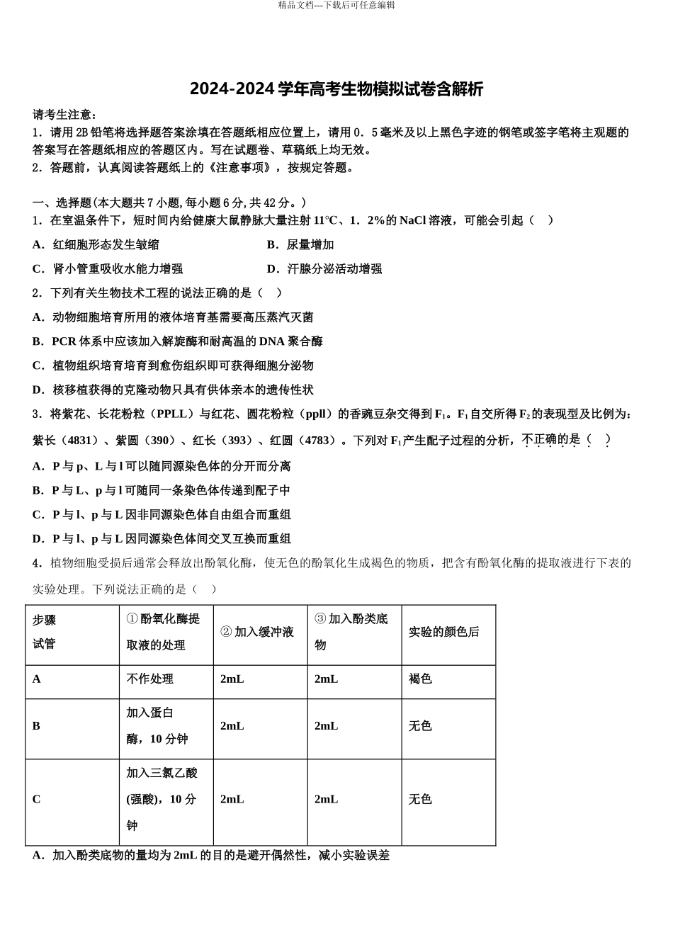2024年辽宁省瓦房店三中高考冲刺押题生物试卷含解析_第1页