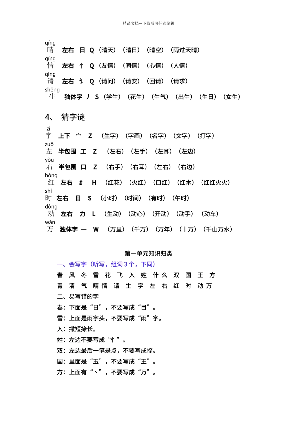 2024年部编版小学一年级语文下册各单元总复习资料_第2页