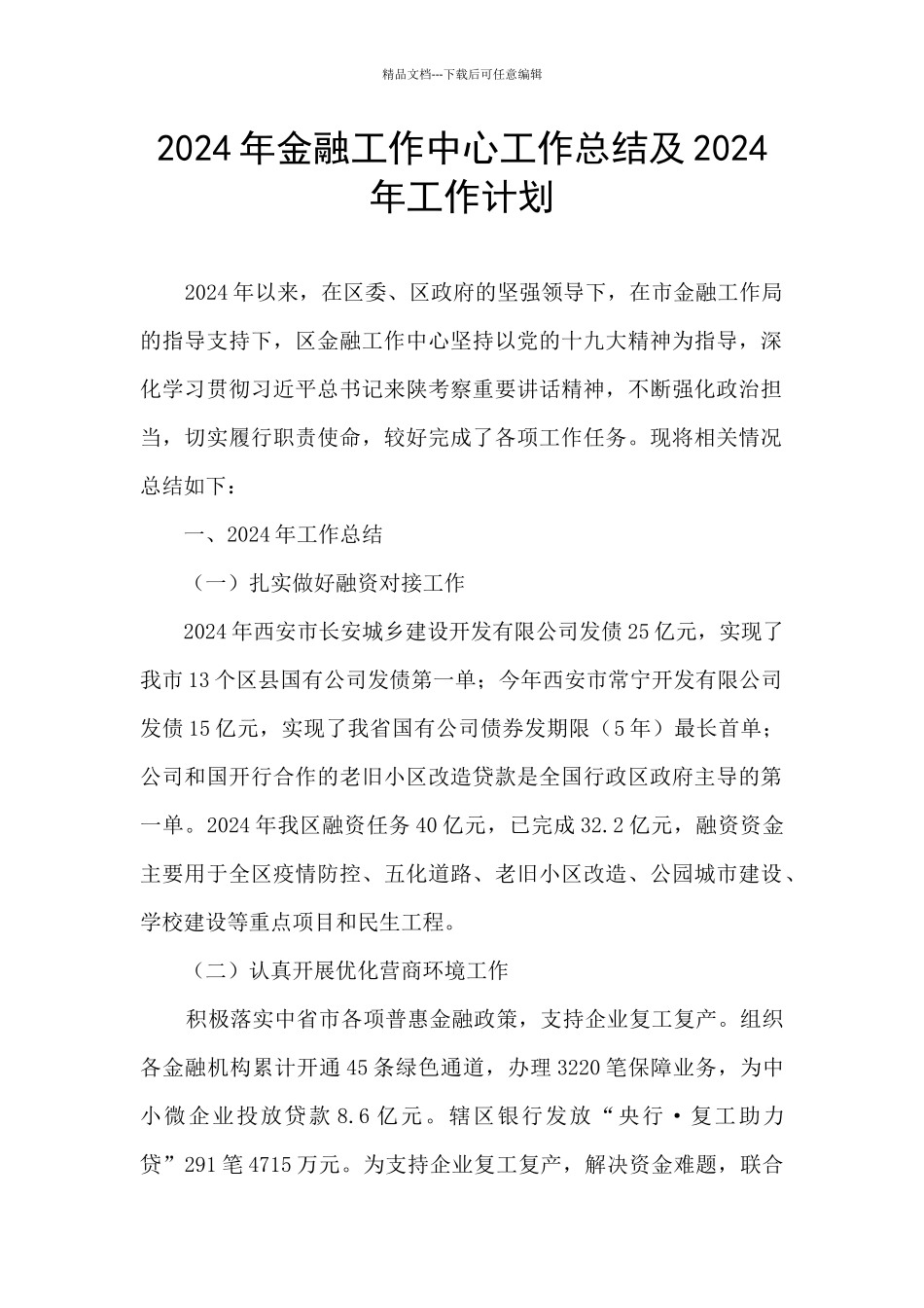 2024年金融工作中心工作总结及2024年工作计划_第1页