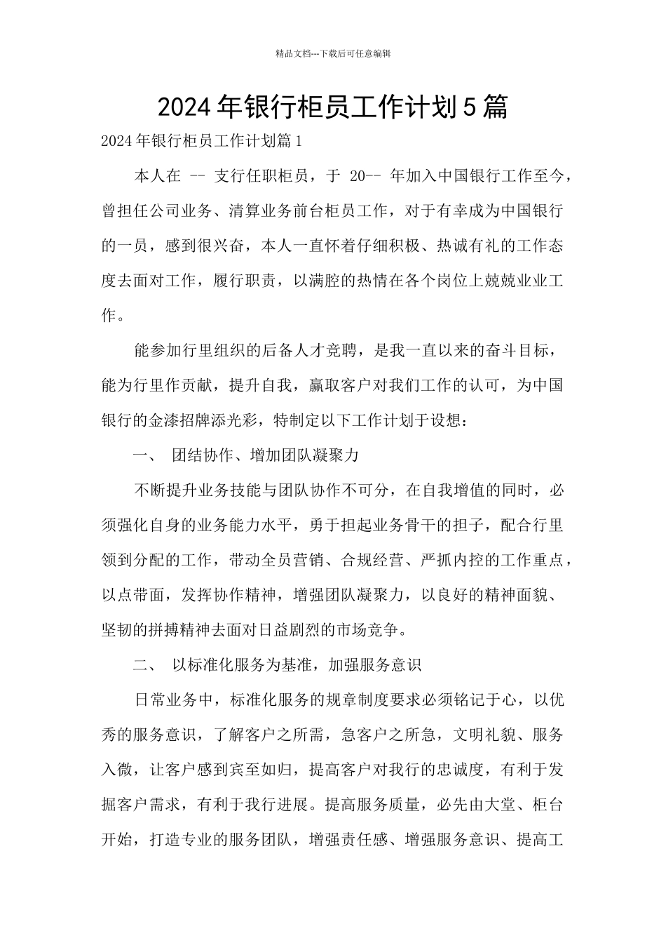 2024年银行柜员工作计划5篇_第1页