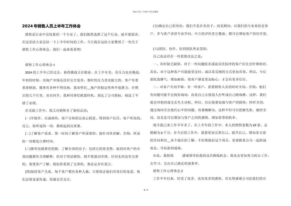 2024年销售人员上半年工作体会_第1页