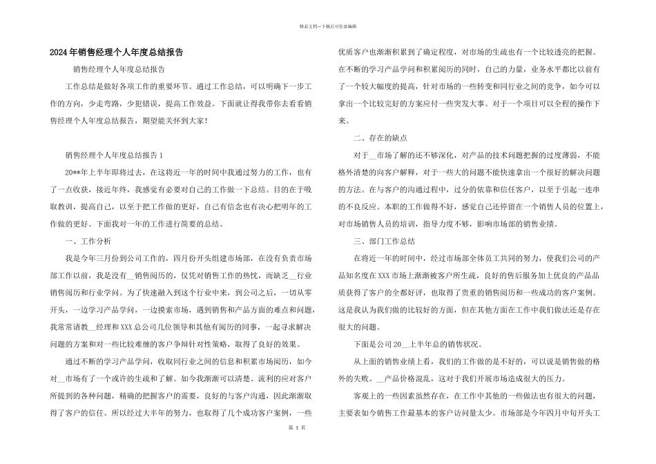 2024年销售经理个人年度总结报告_第1页