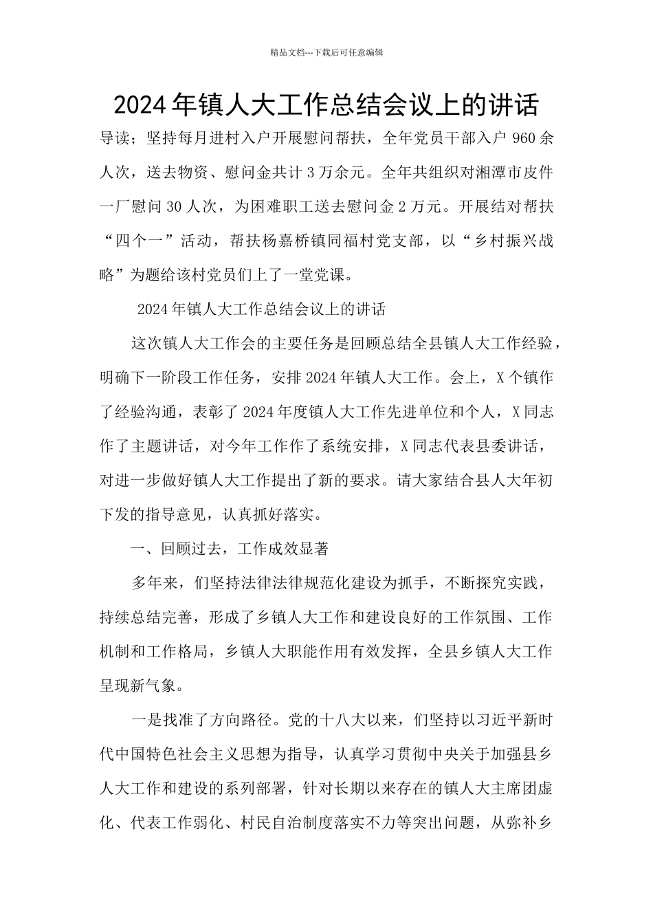 2024年镇人大工作总结会议上的讲话_第1页