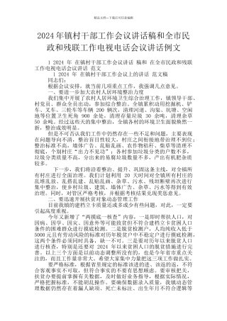 2024年镇村干部工作会议讲话稿和全市民政和残联工作电视电话会议讲话例文
