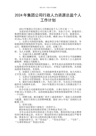 2024年集团公司行政人力资源总监个人工作计划