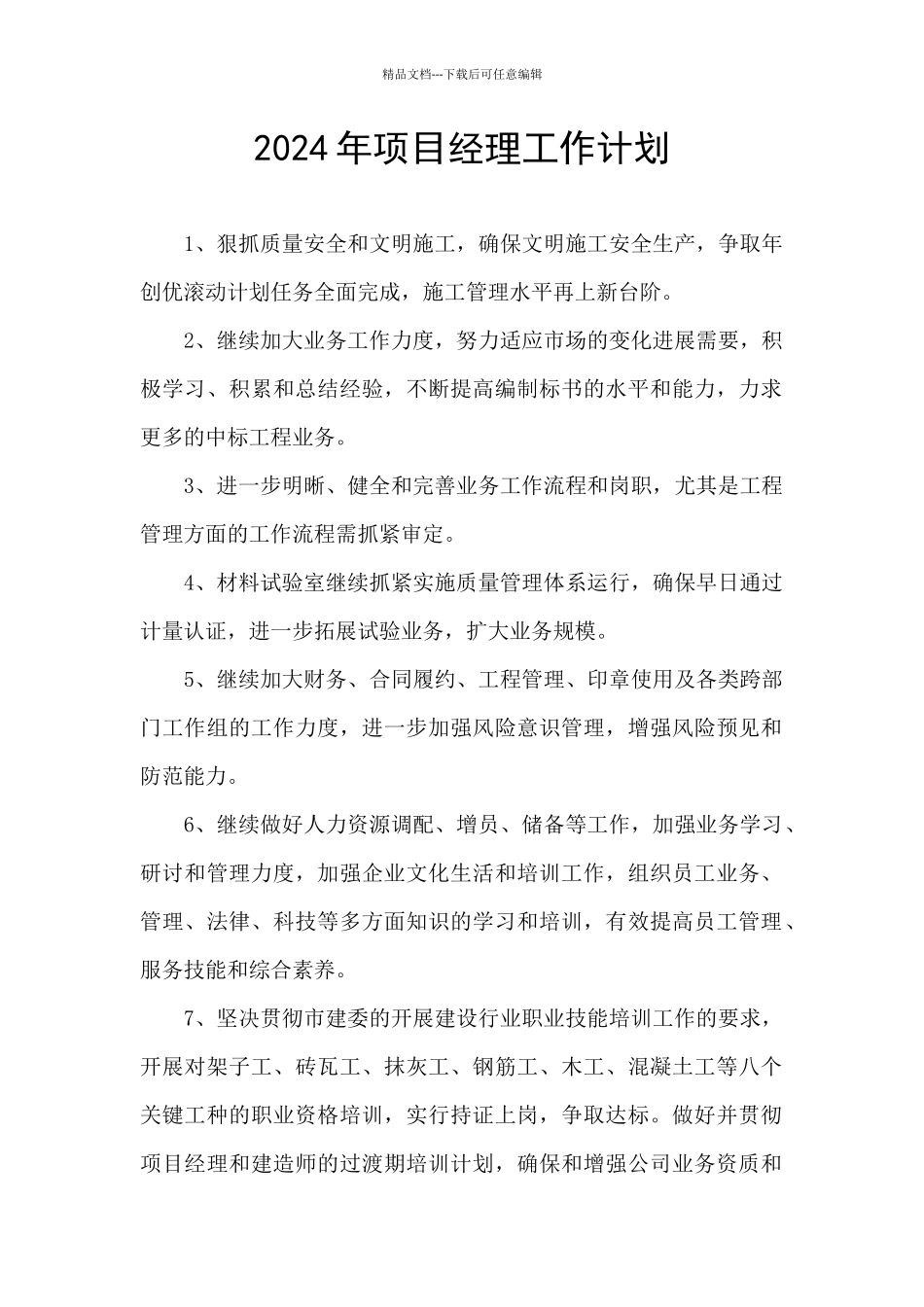 2024年项目经理工作计划_第1页