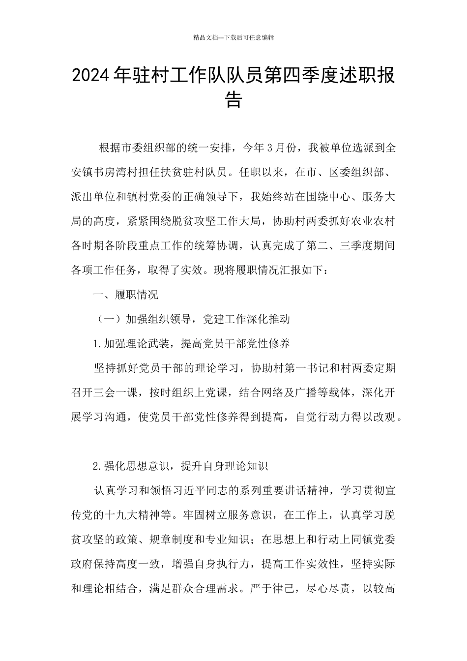 2024年驻村工作队队员第四季度述职报告_第1页