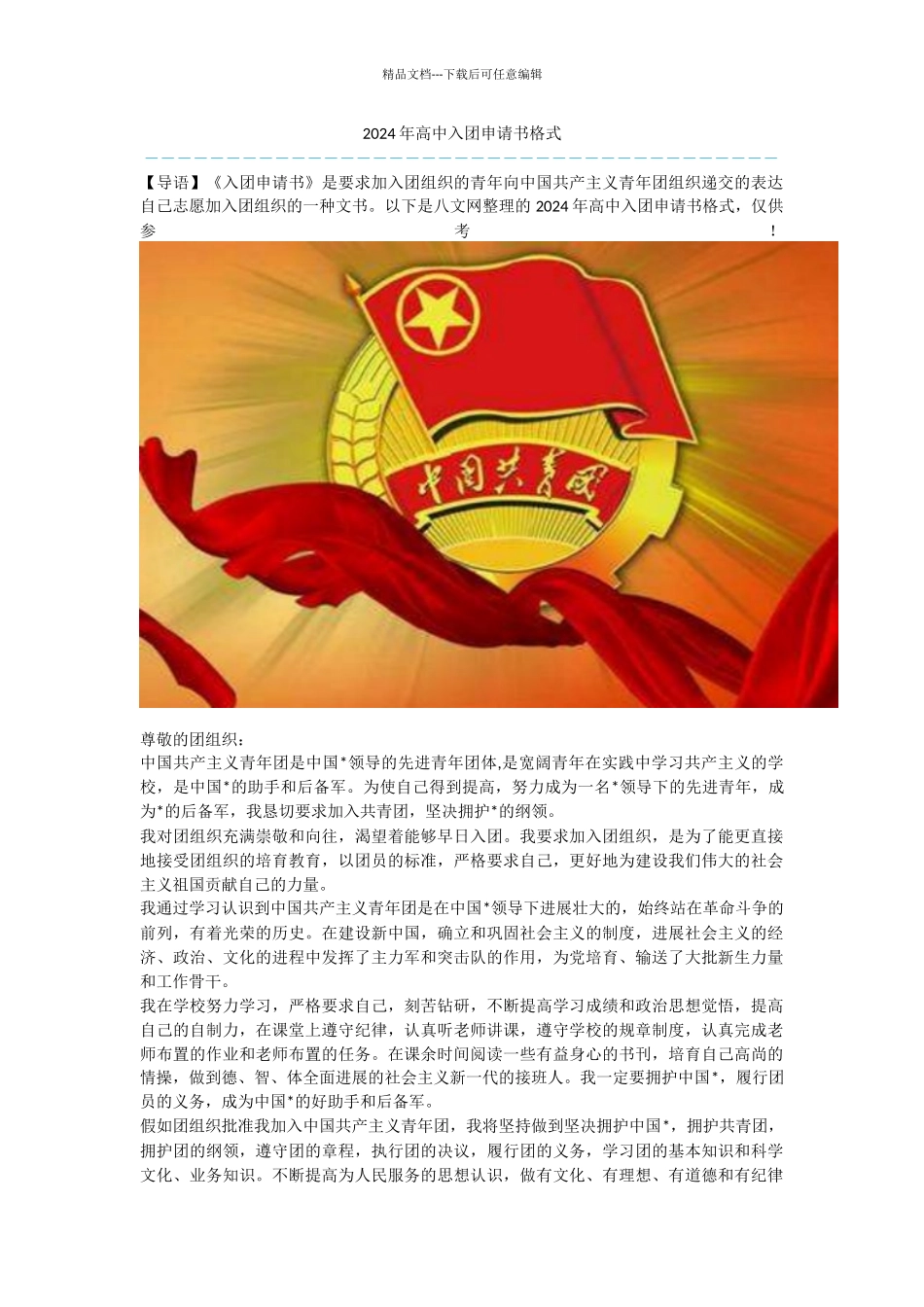 2024年高中入团申请书格式_第1页