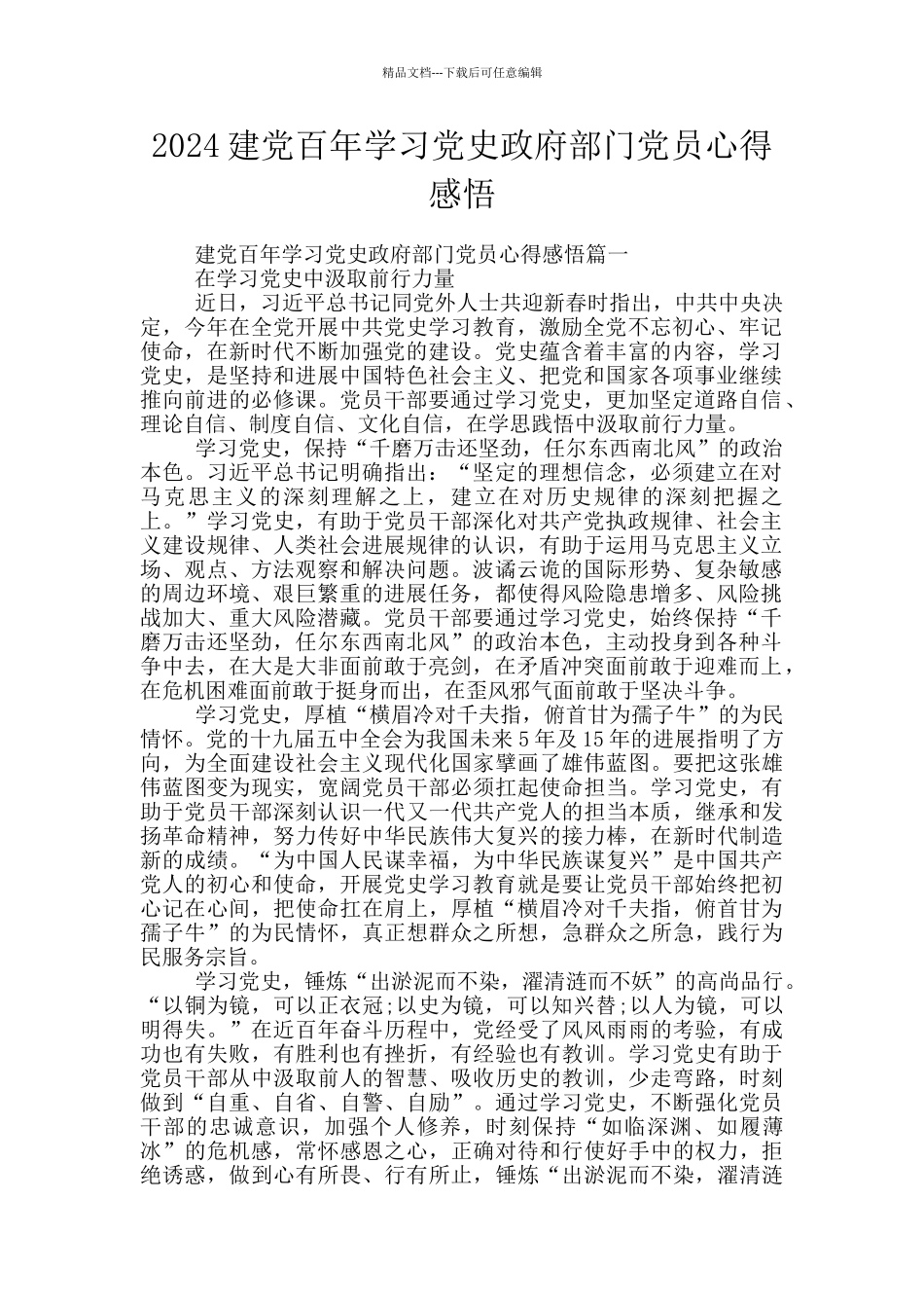 2024建党百年学习党史政府部门党员心得感悟_第1页