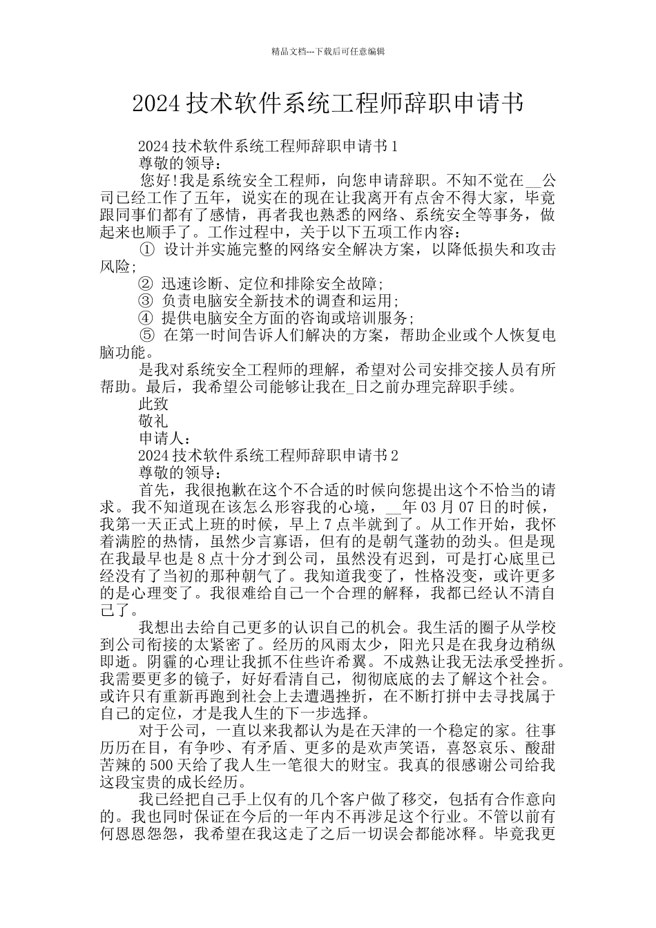 2024技术软件系统工程师辞职申请书_第1页