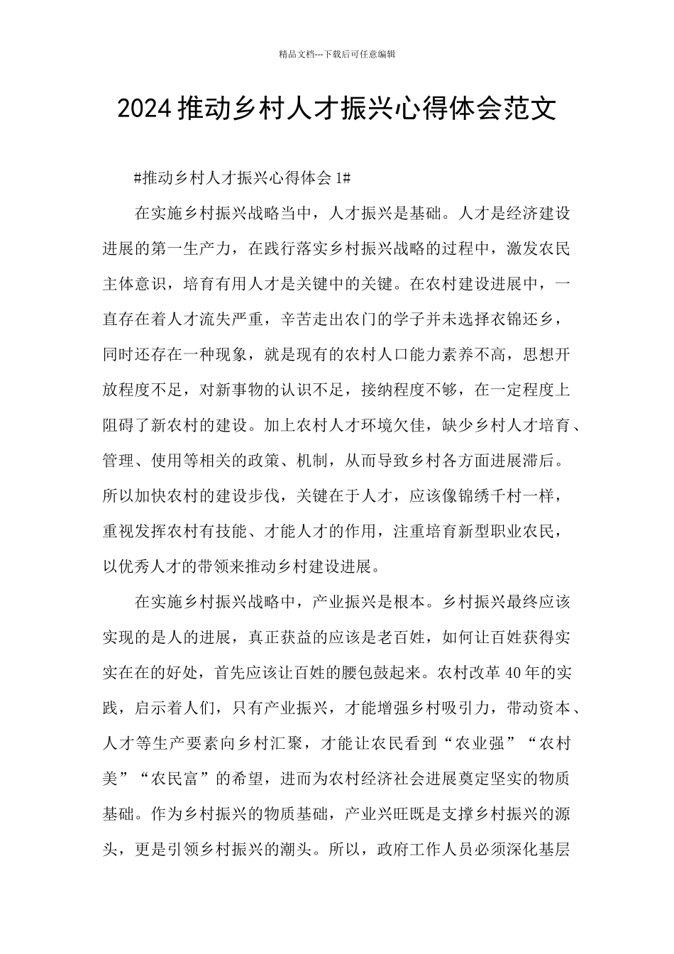 2024推进乡村人才振兴心得体会范文_第1页