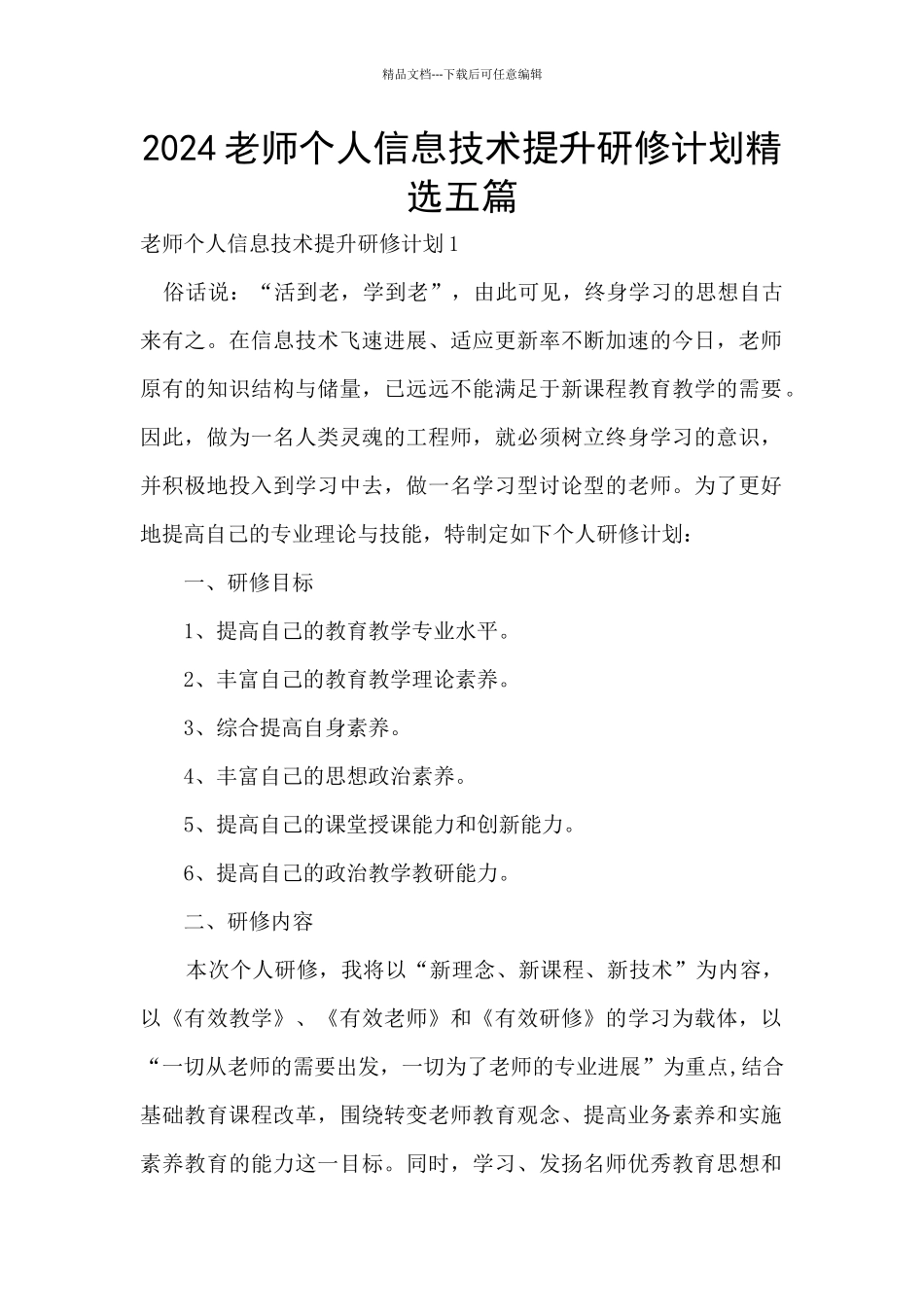 2024教师个人信息技术提升研修计划精选五篇_第1页