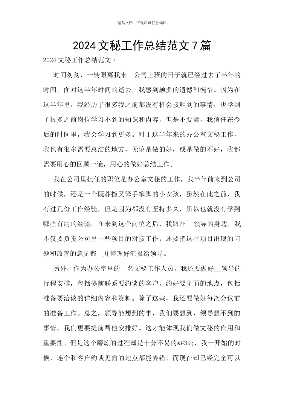 2024文秘工作总结范文7篇_第1页