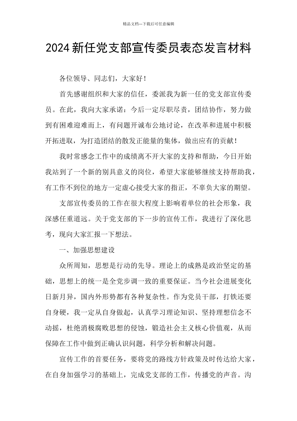 2024新任党支部宣传委员表态发言材料_第1页