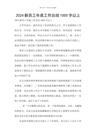 2024新员工年底工作总结1000字以上
