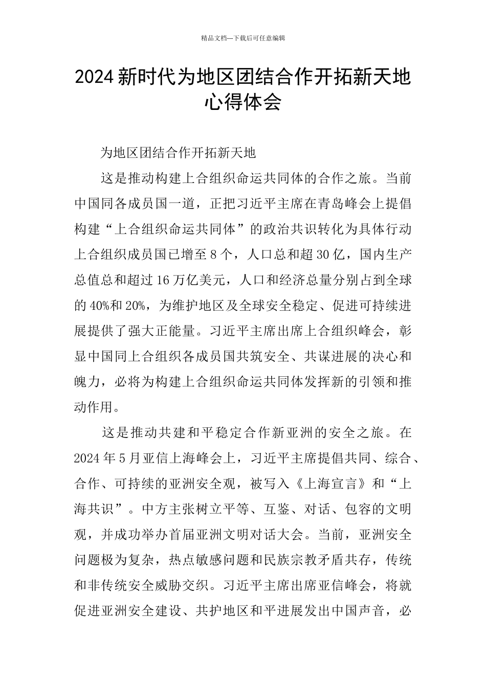 2024新时代为地区团结合作开拓新天地心得体会_第1页