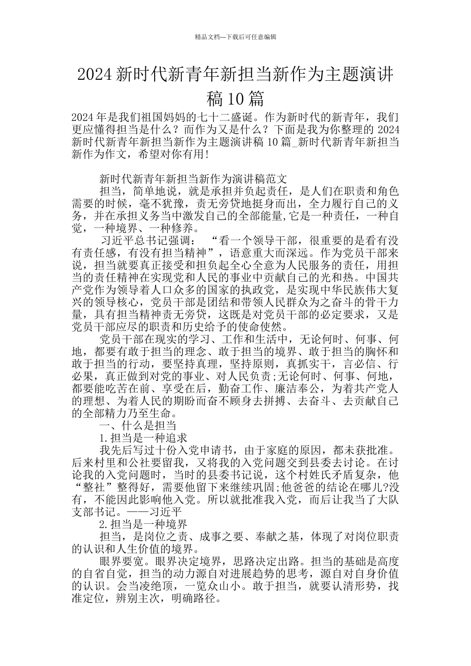 2024新时代新青年新担当新作为主题演讲稿10篇_第1页