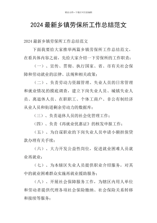 2024最新乡镇劳保所工作总结范文